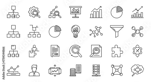 Collection of simple, editable stroke vector icons representing algorithms, schemes, and infographics, perfect for digital and print media like articles, books, flyers, and banners, presented in a