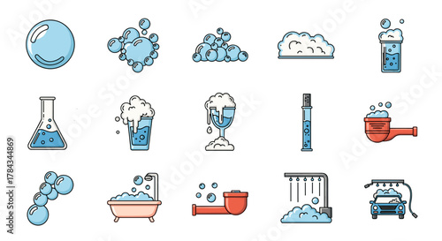 A collection of 15 flat line icons representing bubbles and foam in various contexts, including scientific beakers, a bathtub, a car wash, and drinks, all set against a clean white background for