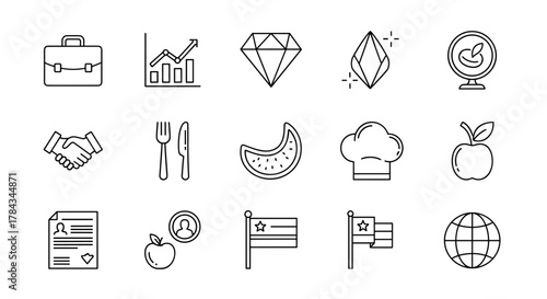 A versatile collection of thin line icons featuring business elements like a briefcase and handshake, a sparkling diamond, food items such as an apple and watermelon slice, a chef's hat, a globe, and