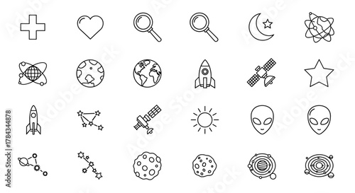 A collection of outline icons representing space exploration, celestial bodies, and abstract concepts, including a plus sign, heart, magnifying glass, moon and star, atom, Earth, rocket, satellite