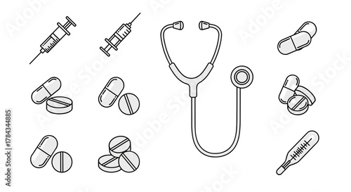 Collection of simple line icons representing medical supplies and equipment, including syringes, a stethoscope, various pills and capsules, and a thermometer, ideal for healthcare apps, websites