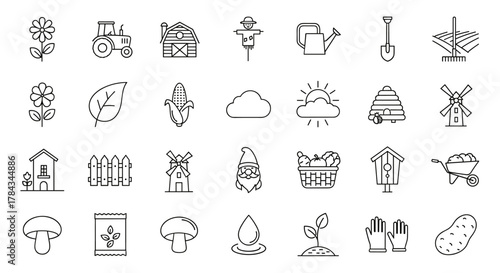 Collection of thin line icons representing field, farm, and garden elements, perfect for apps, websites, banners, and infographics. This vector cartoon set includes a flower, tractor, barn
