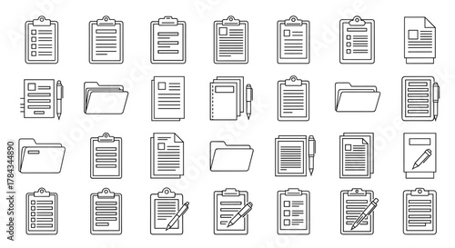 Collection of outline symbols representing documents, clipboards, and office supplies, rendered with thin lines, perfect for apps, websites, banners, infographics, and various design projects.