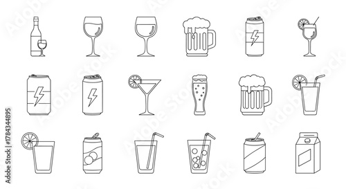 Collection of outline symbols representing various beverages including alcoholic drinks, energy drinks, and soft drinks, meticulously drawn with thin lines, ideal for applications, websites, banners