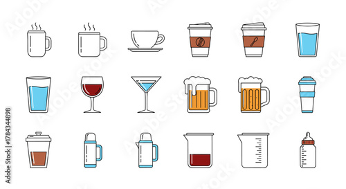 Collection of modern outline style icons representing various drinks and containers, including coffee cups, beer mugs, wine glasses, water glasses, martini glasses, thermoses, beakers, and baby