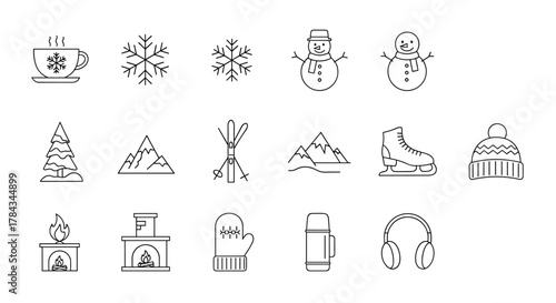 Set of minimalist line icons representing winter activities and elements, including a steaming cup with a snowflake, snowflakes, snowmen, a Christmas tree, mountains, skis, an ice skate, a beanie