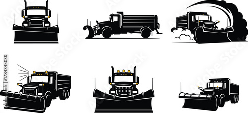 Snow plow truck vector set, stylized winter service vehicles in action for road safety, utility design, and seasonal illustration themes