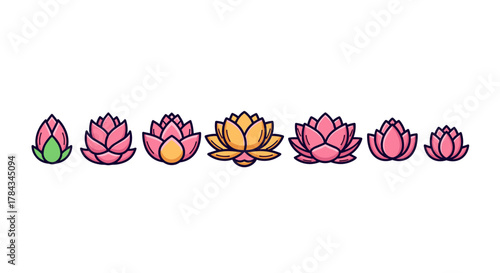 Set of colorful lotus flowers in various stages of bloom, presented in a clean, vector cartoon illustration style. This ordered line icon set features pink and yellow blossoms with green buds against