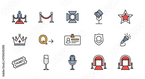 A collection of vibrant, flat-design vector icons representing VIP and exclusive event elements, including a red carpet with stanchions, a spotlight, a star, a crown, a ticket, a champagne flute, a