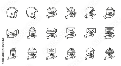 Collection of outline icons representing food delivery services, including helmets, various food items like burgers and popcorn, envelopes for mail, and tickets, all held in a hand with a coin