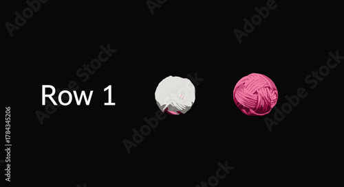 A close-up studio shot features two small, tightly wound balls of yarn, one white and one pink, against a stark black background, with the text "Row 1" visible to the left, suggesting a craft or DIY
