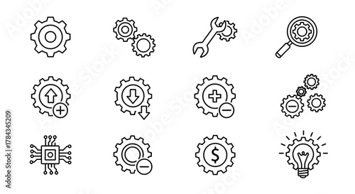 Bundle of Gear and Cogwheel Related Line Icons: A comprehensive collection of outline signs for graphic and web design, apps, adverts, and various cards, featuring a vector cartoon illustration of