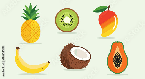 Vibrant flat-style icons showcasing a selection of tropical fruits including a whole pineapple, sliced kiwi, ripe mango, banana, halved coconut, and papaya, presented against a clean, light
