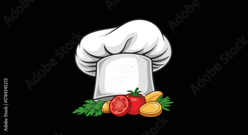 A classic white chef's hat, a symbol of culinary excellence, is adorned with fresh, vibrant ingredients including a ripe tomato, garlic cloves, and sprigs of parsley, representing the art of cooking