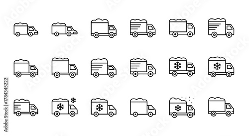 Delivery Truck with Snow Line Icon Bundle: A collection of outline signs for graphic and web design, apps, adverts, and various cards, featuring cartoon illustrations of trucks carrying snow, some