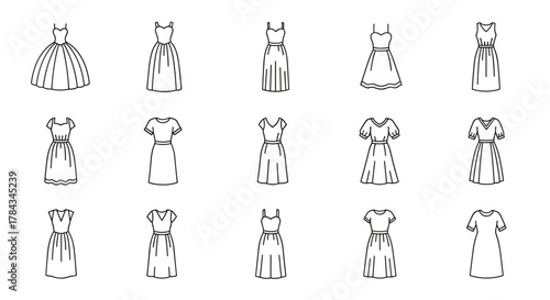 Collection of simple line art icons representing various dress styles, including ballgowns, A-line dresses, and casual sundresses, perfect for fashion apps, web design, and infographics, presented in