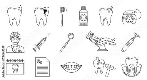 Comprehensive Dental Care Icon Set: Featuring Healthy and Cavity-Ridden Teeth, Dentist Portrait, Syringe, Toothbrush, Toothpaste, Dental Mirror, Patient Chair, Drill, Calendar, Prescription, and