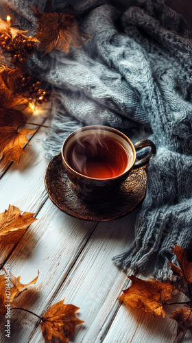 A steaming cup of tea rests on a decorative saucer amidst vibrant autumn leaves and a soft, knitted scarf. The scene captures the essence of fall, inviting warmth and comfort.