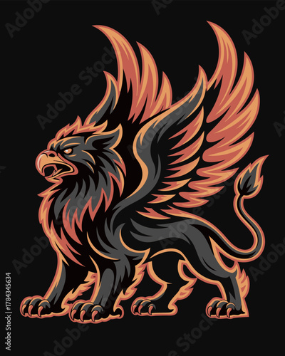 A powerful and majestic griffin with fiery orange wings and mane on a dark background, depicted in a stylized vector illustration.