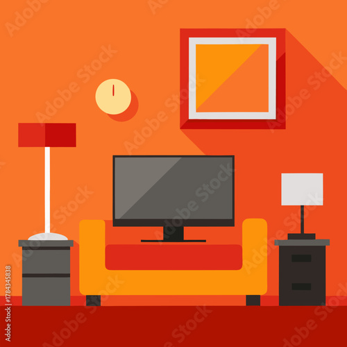 Living room interior with TV screen with lamp in front of couch vector on orange background.