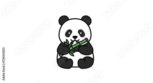 Cute panda bear eating bamboo in a cartoon style illustration on white background