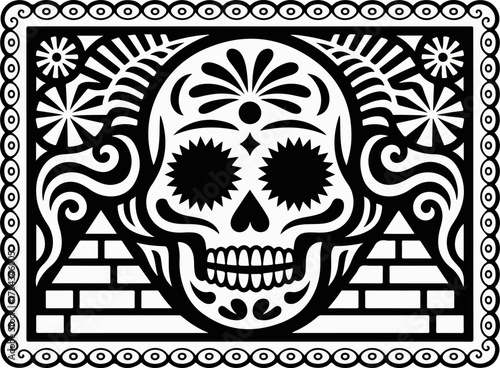 Intricate black and white sugar skull illustration with floral patterns, swirls, and geometric elements, framed by a decorative border.