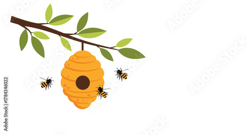 A cartoon illustration of a beehive hanging from a tree branch, surrounded by several flying bees.