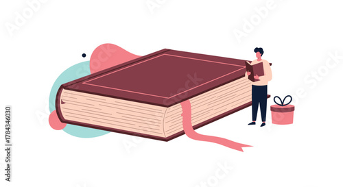 An illustration of a person reading a book next to a large closed book with a bookmark and a wrapped gift box, representing learning and giving.