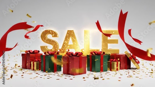 Christmas Sale Festive Gift Boxes Golden Sale Sign and Red Ribbons on White Backdrop boxing day shopping