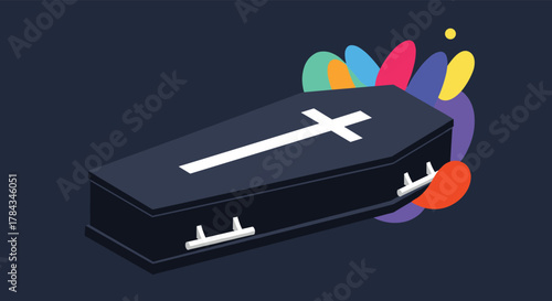 A stylized illustration of a dark coffin adorned with a white cross, surrounded by a vibrant burst of colorful abstract shapes.