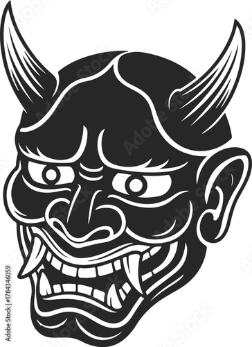 Traditional Japanese Hannya mask illustration in black and white, featuring horns, sharp fangs, and a fierce, demonic expression.
