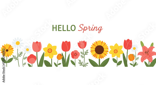 A vibrant illustration of various spring flowers such as tulips, sunflowers, daffodils, and daisies, forming a cheerful border with "HELLO Spring" text.
