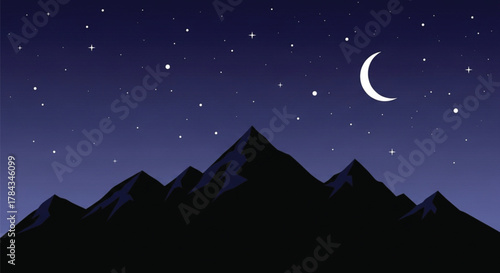 Mountain silhouettes under a starry night sky with a crescent moon shining bright