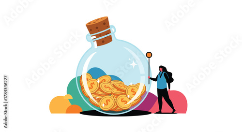 A person observes a large glass jar filled with shining gold coins, illustrating the concepts of saving, investment, and accumulating future wealth.