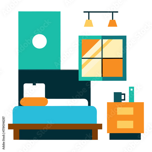 Bedroom with bed nightstand window and wall art vector on white background.