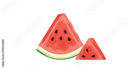 Two vibrant slices of fresh watermelon, one large and one small, with black seeds, isolated on a clean white background, perfect for summer themes.