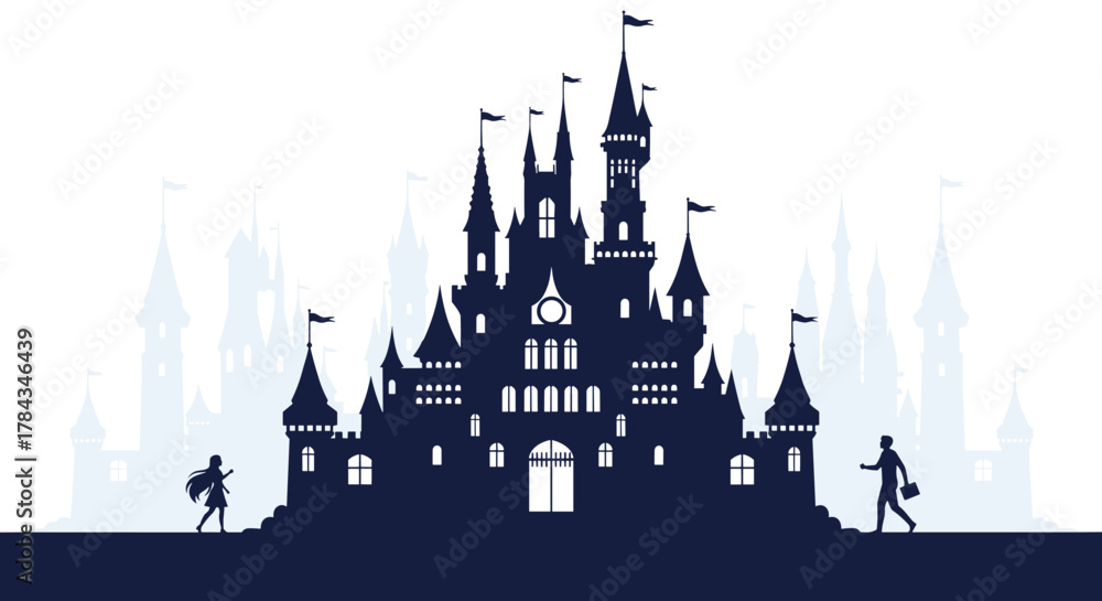 Fototapeta premium A magical silhouette of a majestic fairy tale castle, with a girl and a businessman on separate journeys in a world of dreams and reality.