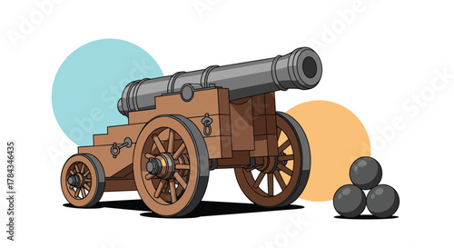 A vibrant cartoon illustration depicting an antique cannon with its wooden carriage and cannonballs, accented by soft geometric shapes.