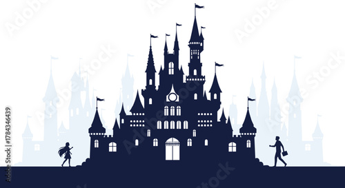 A magical silhouette of a majestic fairy tale castle, with a girl and a businessman on separate journeys in a world of dreams and reality.