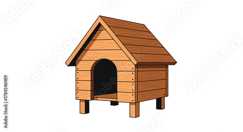 A traditional wooden dog house featuring an A-frame roof and an arched entrance, elevated on four short legs, depicted in an illustration.