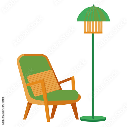 Rattan armchair with wood frame seat cushion and a foot a round stool and a green mid century modern floor lamp vector on white background.