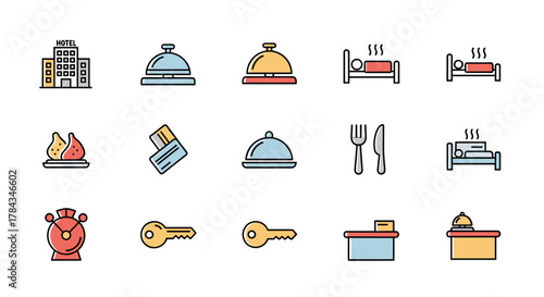 Vibrant and Modern Hospitality Icon Collection: Featuring a Hotel Building, Service Bells, Comfortable Beds, Delicious Food, Reception Desks, Keys, and an Alarm Clock in a Clean, Minimalist Vector