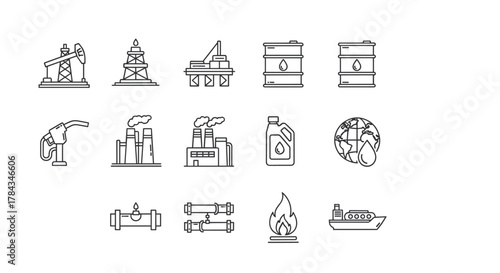 Comprehensive collection of editable stroke outline web icons representing the oil and gas industry, including oil rigs, refineries, offshore platforms, petroleum barrels, lubricant canisters, gas