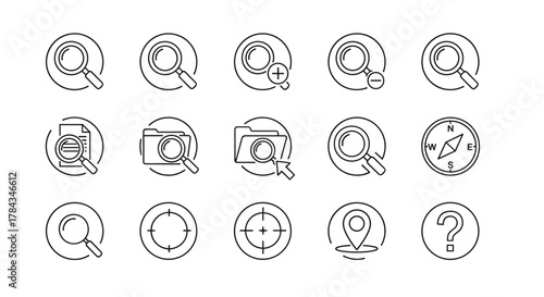 Collection of outline vector symbols for magnifying glass, zoom, find, website app UI buttons, search icons, compass, location pin, target, and question mark, isolated on a white background