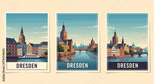 Vibrant travel posters showcasing the detailed urban street plan and city map of Dresden, featuring a silhouette of the city skyline along the river, rendered in vector artwork for a classic travel