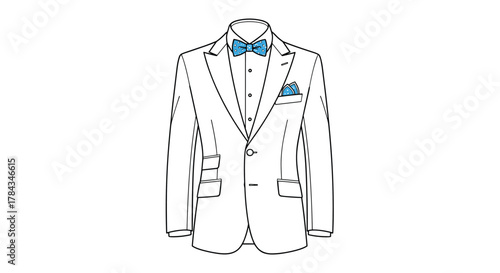Detailed line art illustration of a man's formal suit jacket, featuring a white shirt, a blue polka-dot bow tie, and a matching pocket square.