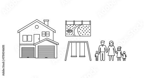 Clean line art icons representing a suburban lifestyle, featuring a two-story house with an attached garage, a backyard with a swing set and lawn, and a silhouette of a family holding hands