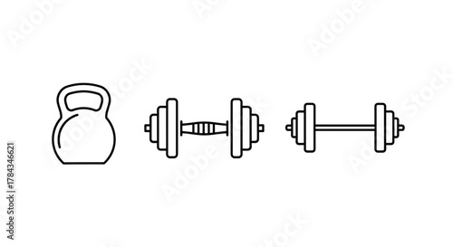 Set of linear icons representing weightlifting equipment, including a kettlebell and two types of dumbbells, presented in a clean, minimalist vector flat style on a white background, ideal for