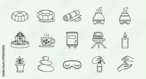 Collection of 15 minimalist outline icons representing wellness and relaxation activities, including meditation cushion, yoga mat, aromatherapy diffuser, fountain, tea cup, book, candle, potted