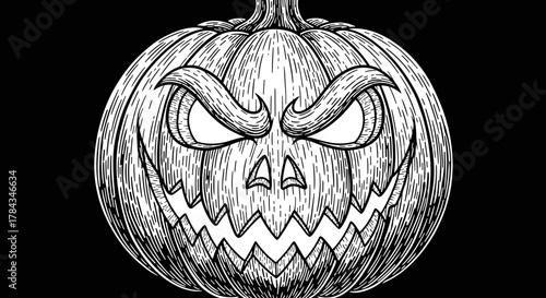 A classic carved jack-o-lantern pumpkin with an eerie, menacing face, rendered in a sketch and engraving style, perfect for Halloween decorations and spooky-themed designs. This vector illustration